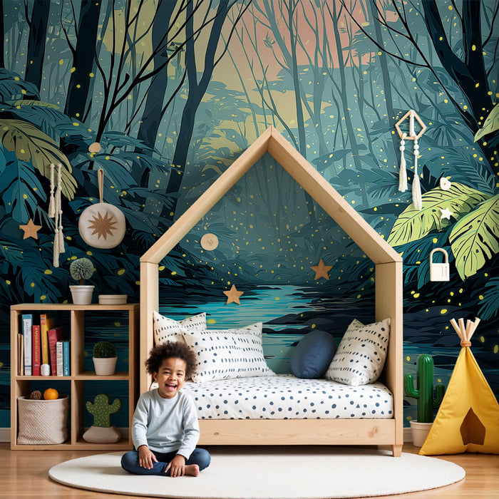 Papel de parede criança | Floresta encantada com vaga-lumes
