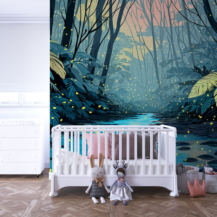 Papel de parede criança | Floresta encantada com vaga-lumes