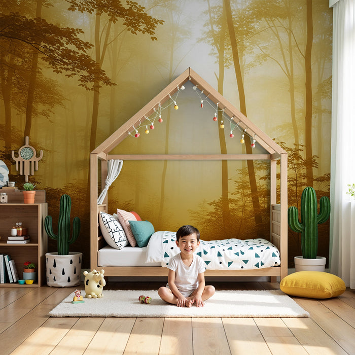 Papier peint chambre enfant | Forêt enchantée avec lumière dorée