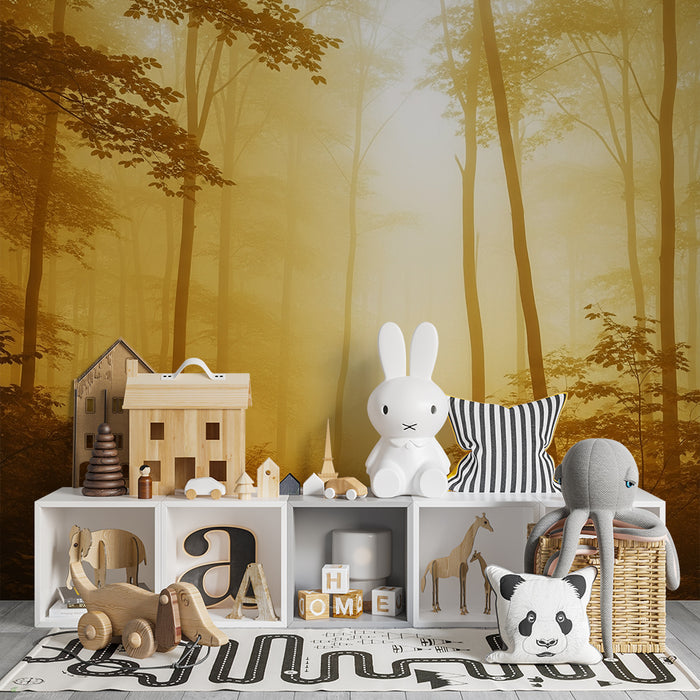 Papier peint chambre enfant | Forêt enchantée avec lumière dorée