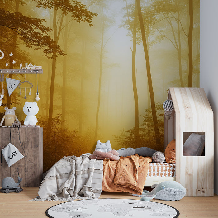 Papier peint chambre enfant | Forêt enchantée avec lumière dorée