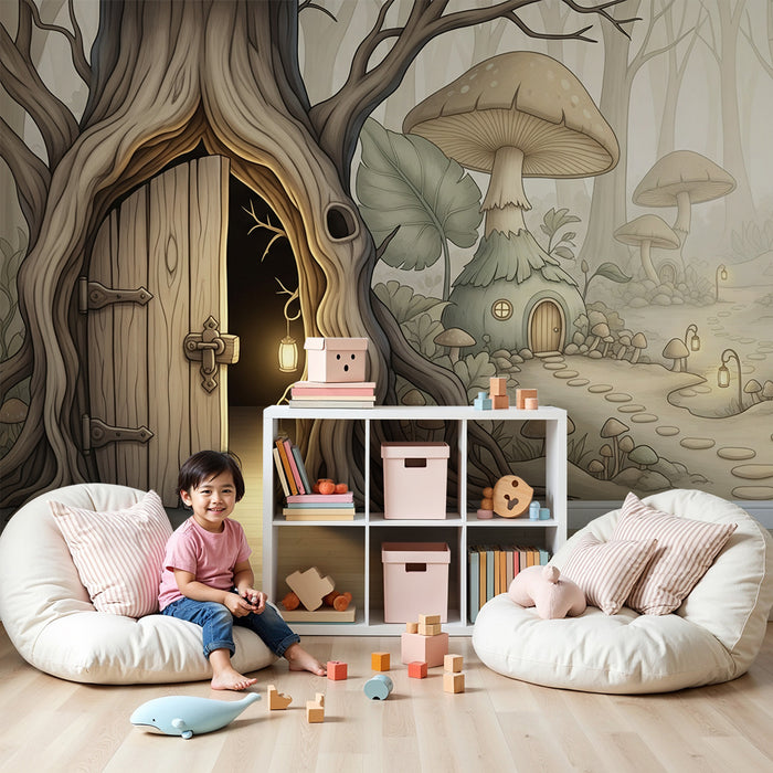 Carta da parati camera bambini | Foresta incantata con casette a fungo e luce soffusa