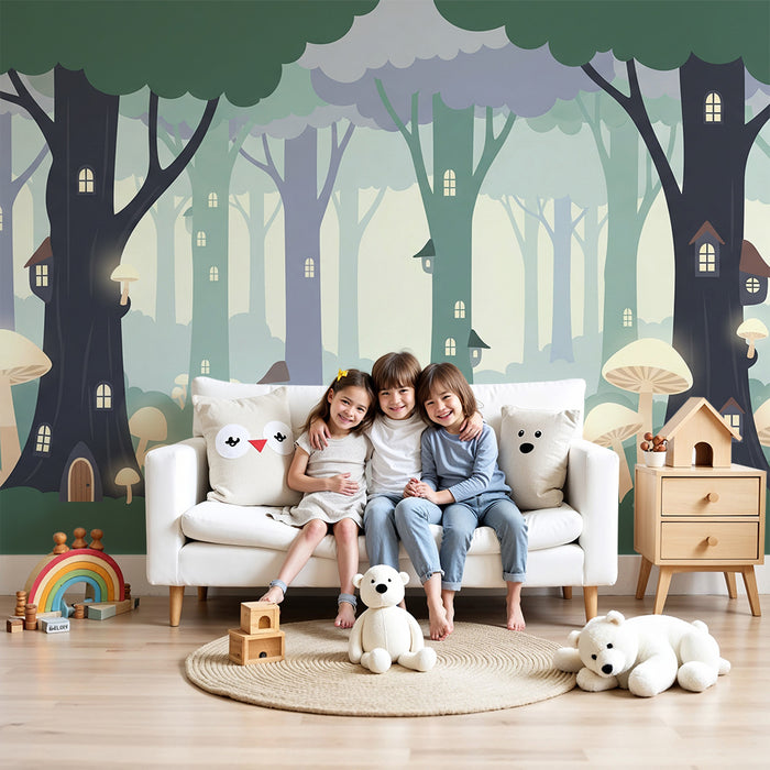 Kids room wallpaper | Magical forest with houses in the trees and glowing mushrooms
