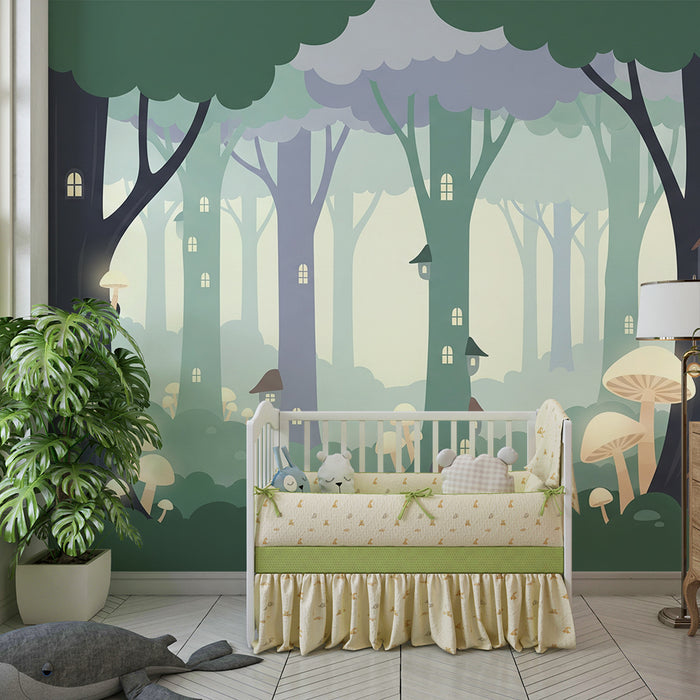 Kids room wallpaper | Magical forest with houses in the trees and glowing mushrooms