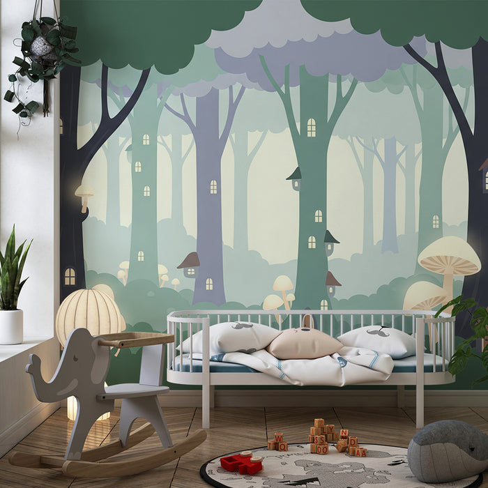 Kids room wallpaper | Magical forest with houses in the trees and glowing mushrooms