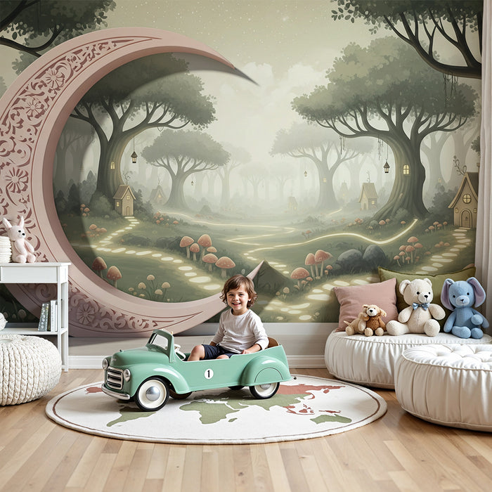 Carta da parati camera bambini | Foresta incantata con casette e sentieri luminosi