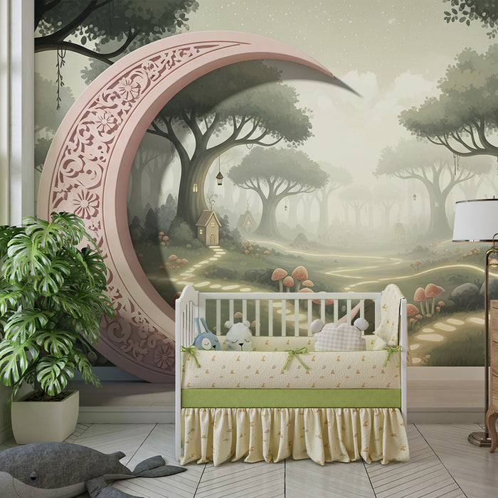 Carta da parati camera bambini | Foresta incantata con casette e sentieri luminosi
