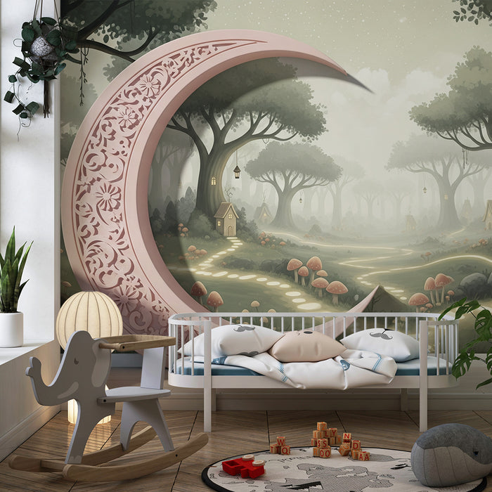 Carta da parati camera bambini | Foresta incantata con casette e sentieri luminosi