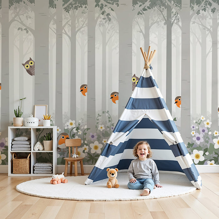 Kinderzimmer Tapete | Verzauberter Wald mit Vögeln und bunten Blumen
