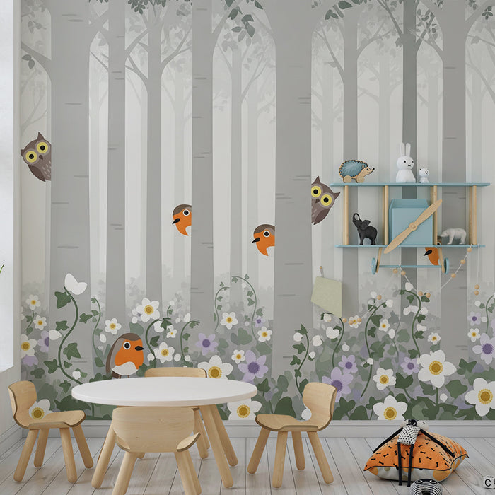 Kinderzimmer Tapete | Verzauberter Wald mit Vögeln und bunten Blumen