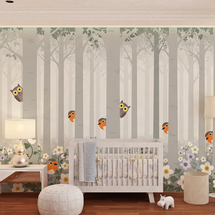 Kinderzimmer Tapete | Verzauberter Wald mit Vögeln und bunten Blumen
