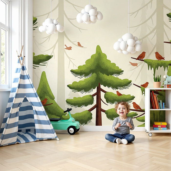 Papel pintado infantil | Bosque encantado con pájaros y abetos frondosos