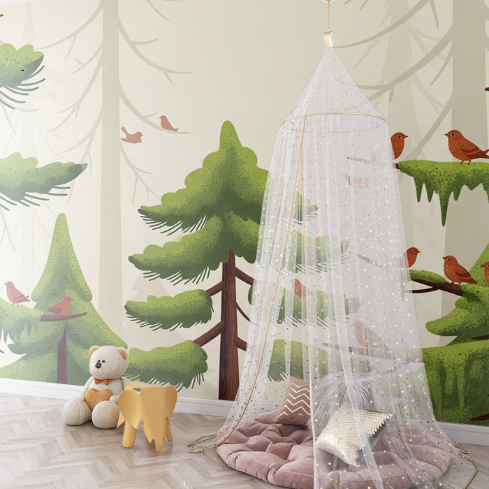 Papel pintado infantil | Bosque encantado con pájaros y abetos frondosos