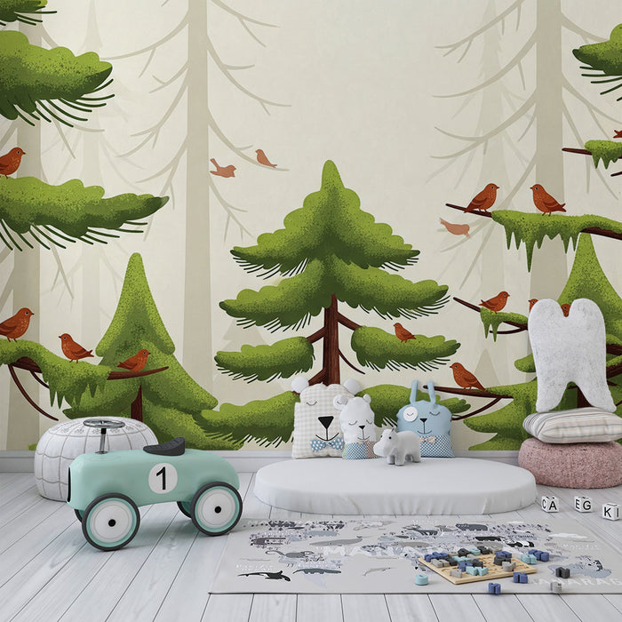 Papel pintado infantil | Bosque encantado con pájaros y abetos frondosos