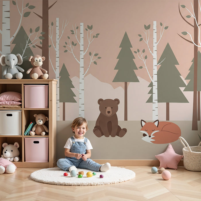 Kids room wallpaper | Magical forest with bear, fox, and rabbit