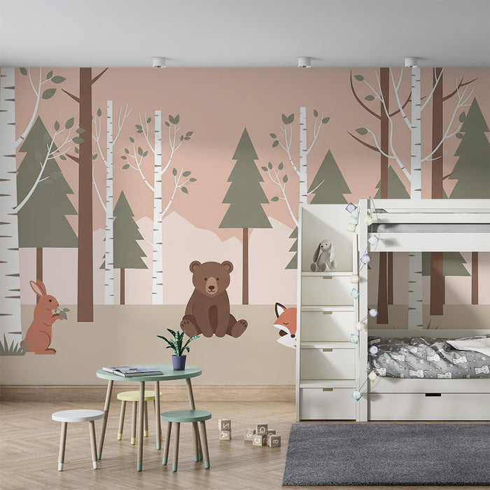 Kids room wallpaper | Magical forest with bear, fox, and rabbit