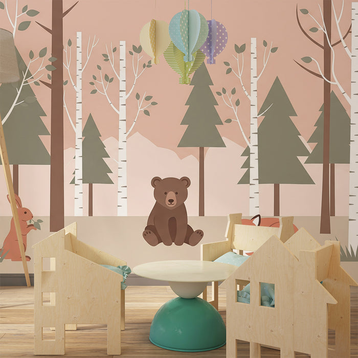 Kids room wallpaper | Magical forest with bear, fox, and rabbit
