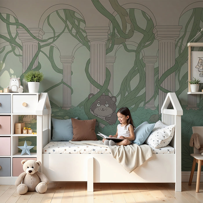 Papel de parede criança | Floresta encantada com urso e colunas antigas