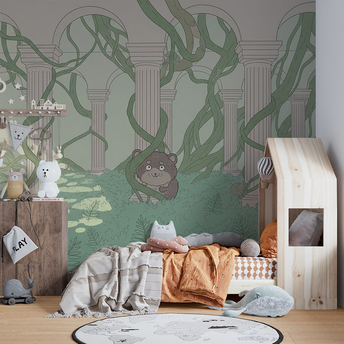 Papel de parede criança | Floresta encantada com urso e colunas antigas