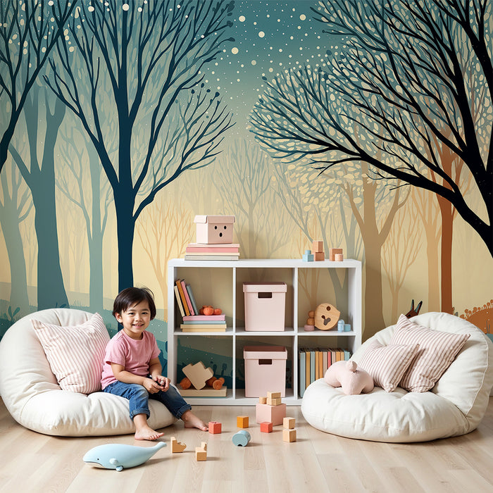 Kids room wallpaper | Enchanted forest with fox and delicate foliage
