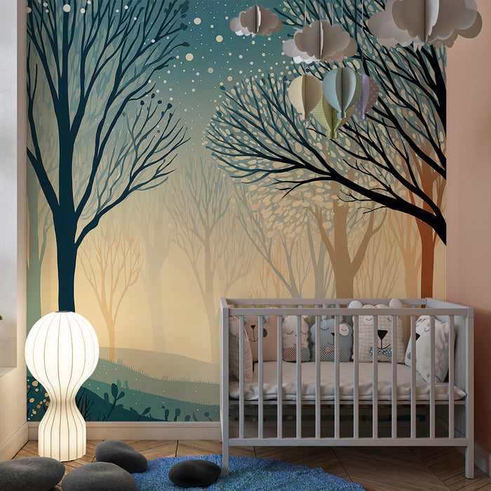 Kids room wallpaper | Enchanted forest with fox and delicate foliage