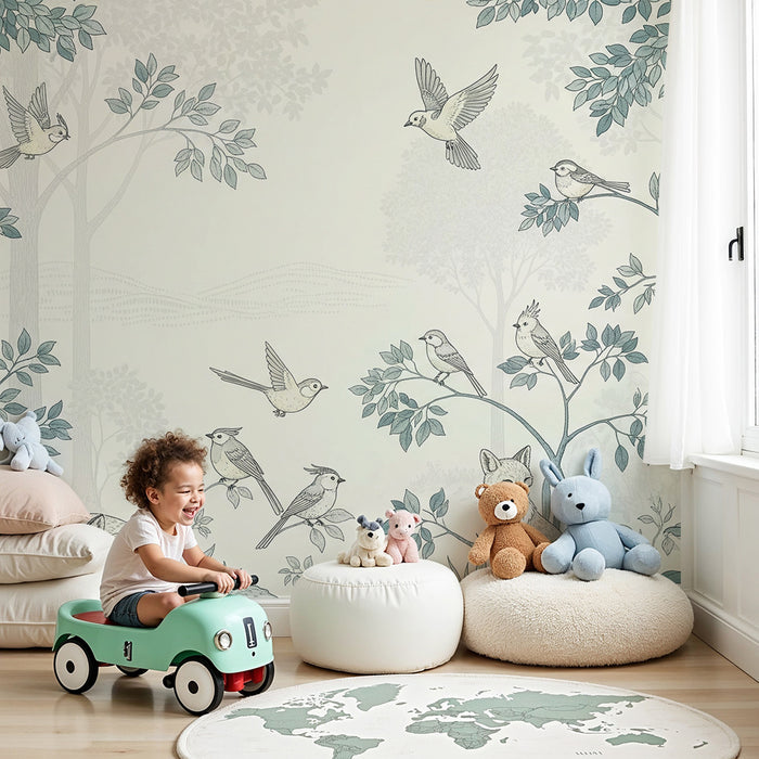 Behang kinderkamer | Magisch bos met vossen en vogels