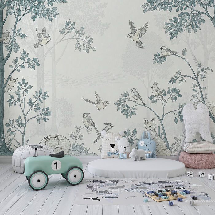 Behang kinderkamer | Magisch bos met vossen en vogels