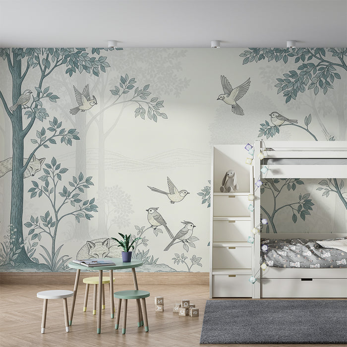 Behang kinderkamer | Magisch bos met vossen en vogels