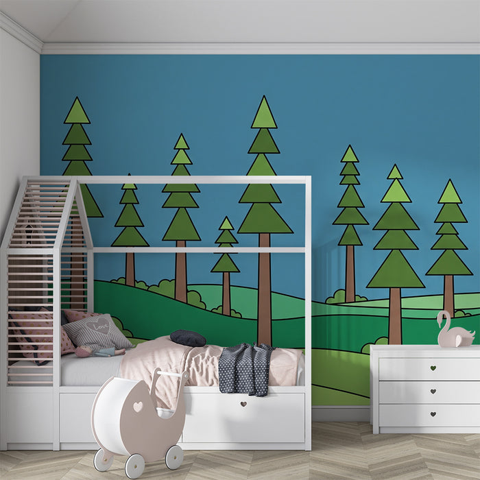Barntapet | Förtrollad skog med stiliserade granar och gröna kullar