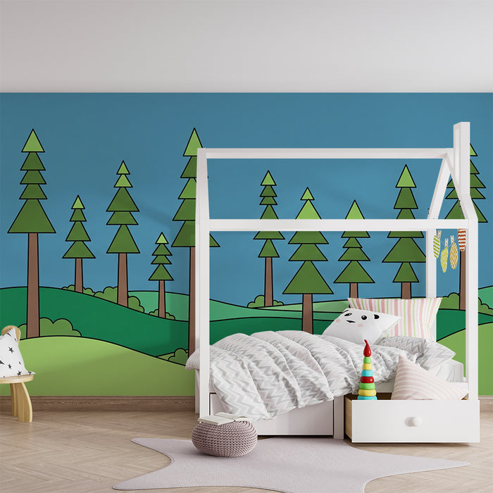 Barntapet | Förtrollad skog med stiliserade granar och gröna kullar