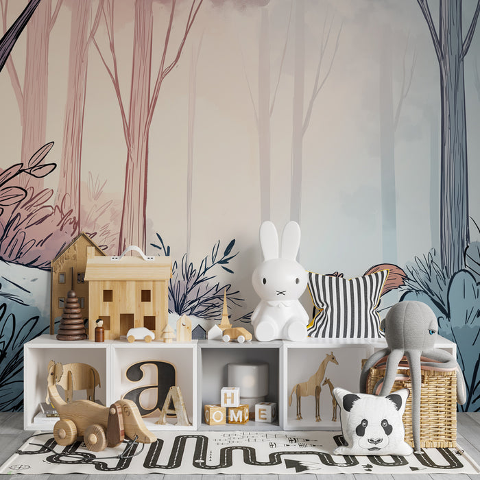Papier peint chambre enfant | Forêt enchantée avec un écureuil curieux