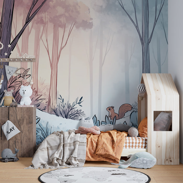 Papier peint chambre enfant | Forêt enchantée avec un écureuil curieux