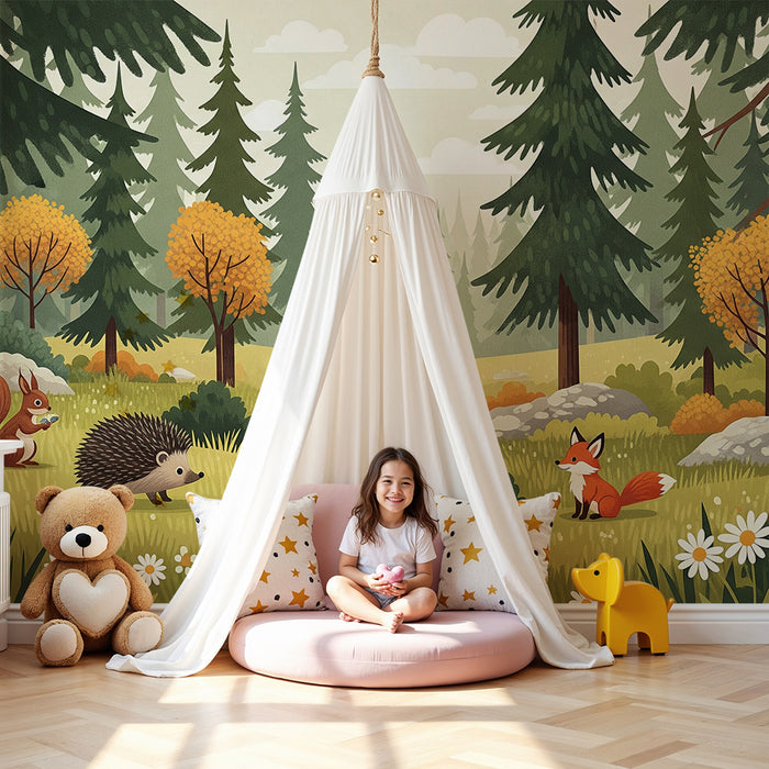 Papier peint chambre enfant | Forêt enchantée avec un hérisson, un écureuil et un renard