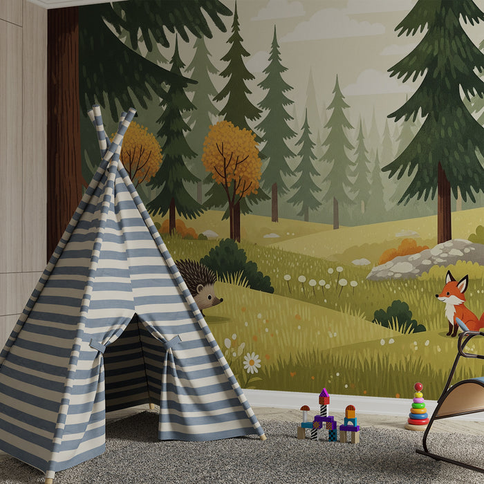 Papier peint chambre enfant | Forêt enchantée avec un hérisson, un écureuil et un renard