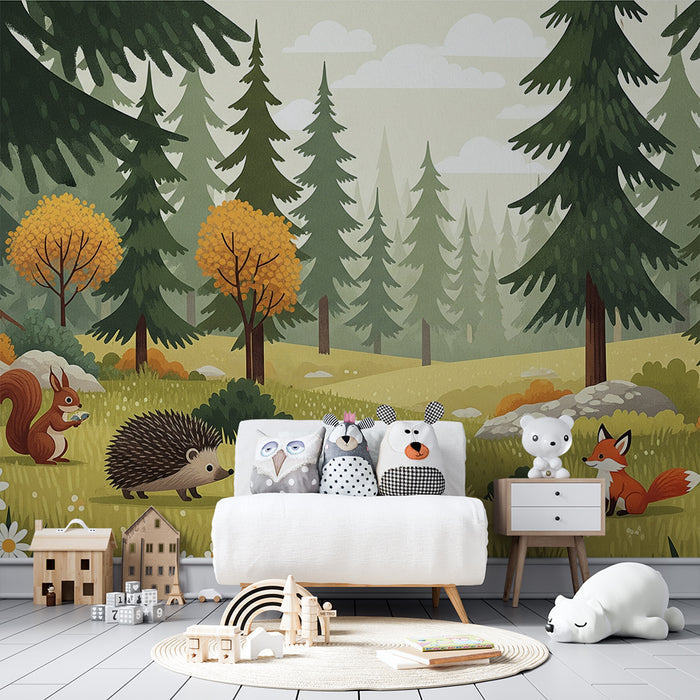 Papier peint chambre enfant | Forêt enchantée avec un hérisson, un écureuil et un renard