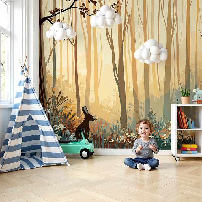 Papel de parede criança | Floresta encantada com um coelho e flores silvestres