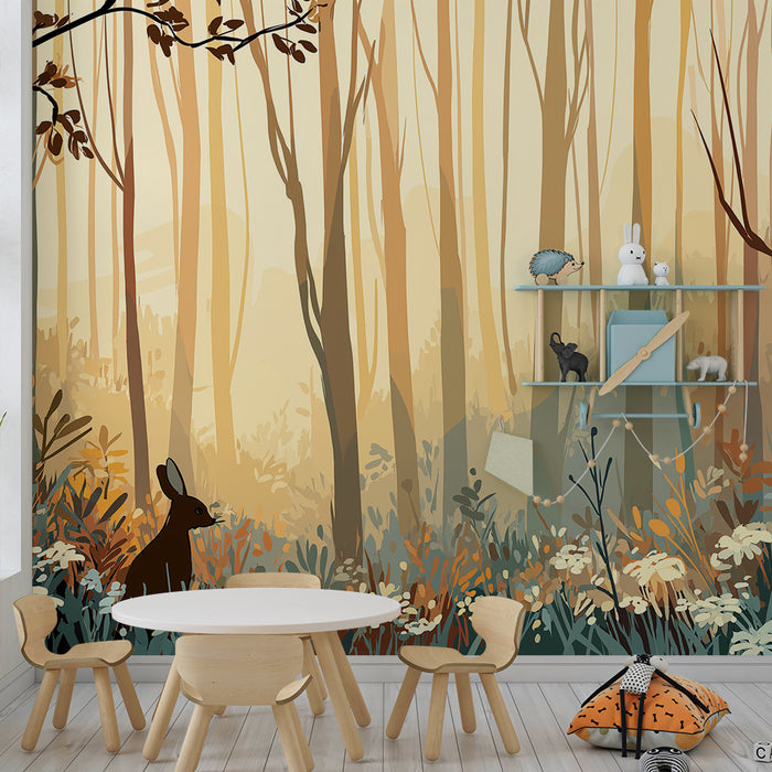 Papel de parede criança | Floresta encantada com um coelho e flores silvestres