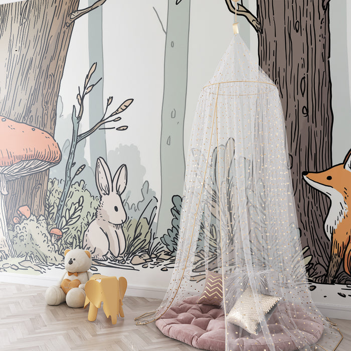Tapeta dětského pokoje | Kouzelný les s králíkem a liškou