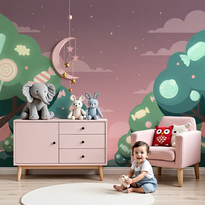 Papel pintado infantil | Bosque encantado de dulces coloridos bajo un cielo estrellado