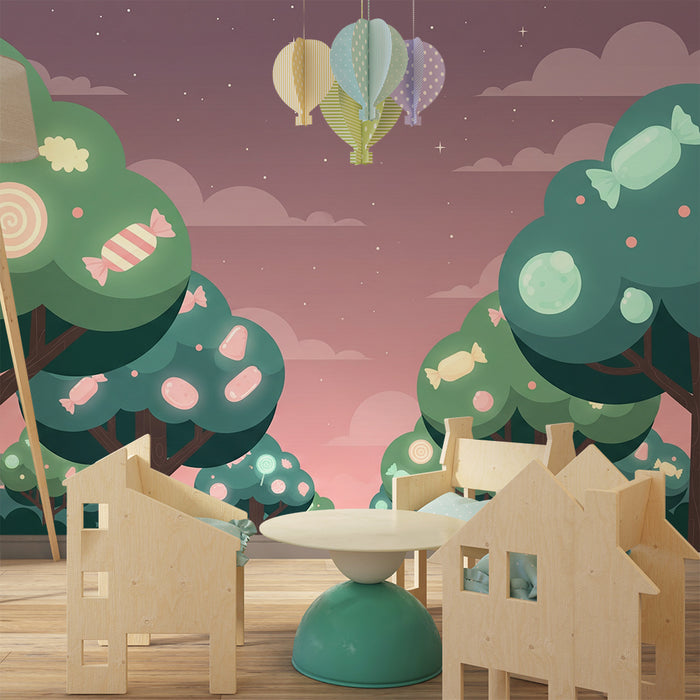 Papel pintado infantil | Bosque encantado de dulces coloridos bajo un cielo estrellado