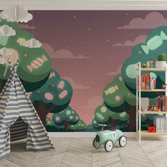 Papel pintado infantil | Bosque encantado de dulces coloridos bajo un cielo estrellado