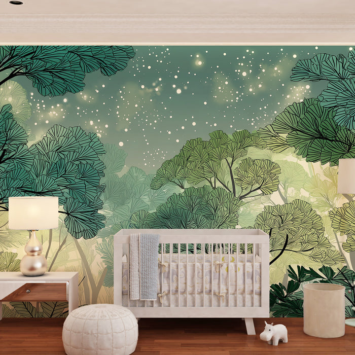 Papier peint chambre enfant | Forêt enchantée sous les étoiles