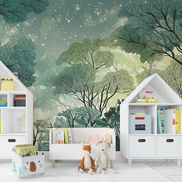 Papier peint chambre enfant | Forêt enchantée sous les étoiles
