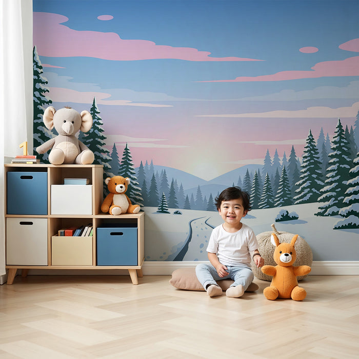 Papier peint chambre enfant | Forêt enneigée au lever du soleil