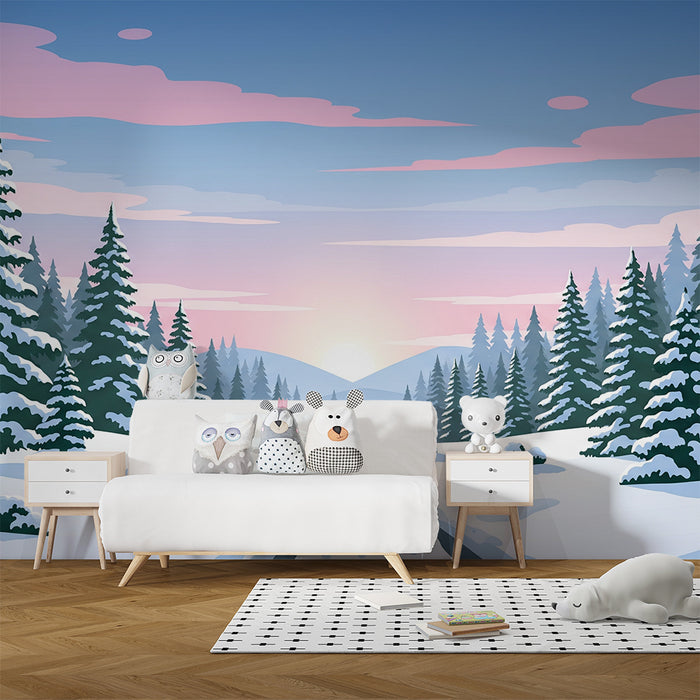 Papier peint chambre enfant | Forêt enneigée au lever du soleil