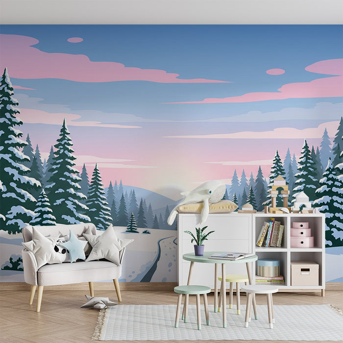 Papier peint chambre enfant | Forêt enneigée au lever du soleil