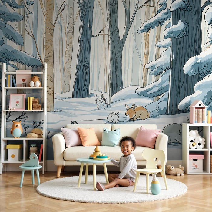 Papel de parede criança | Floresta nevada com animais bonitos