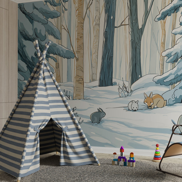 Papel de parede criança | Floresta nevada com animais bonitos
