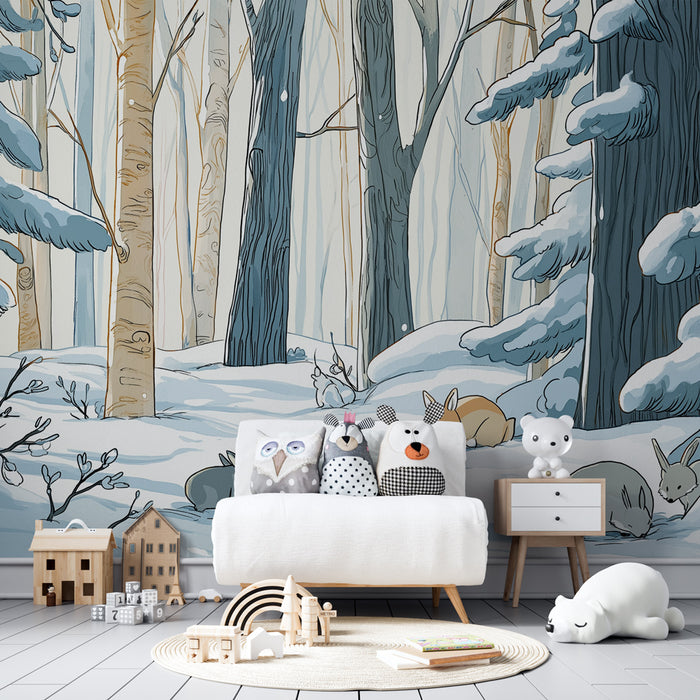 Papel de parede criança | Floresta nevada com animais bonitos