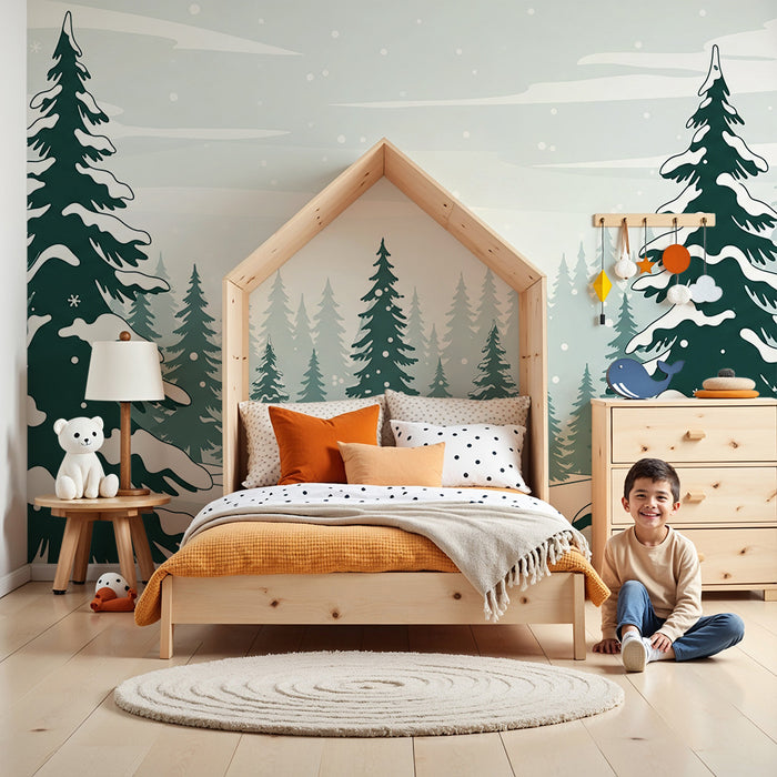Carta da parati bambini | Foresta innevata con alberi di Natale e fiocchi